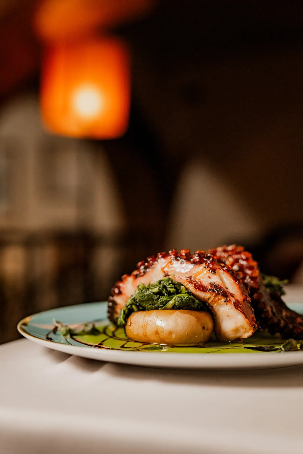 Gerösteter Oktopus-Tentakel mit Olivenöl angerichtet