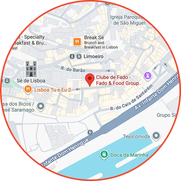 Localização do Clube de Fado em Alfama, junto à Sé de Lisboa